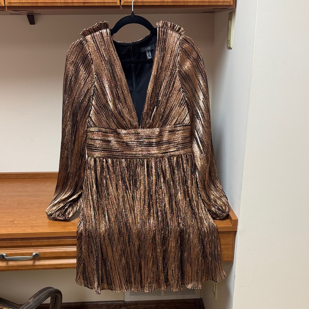 Aidan Mattox Metallic Bronze Long Sleeve Midi Dress